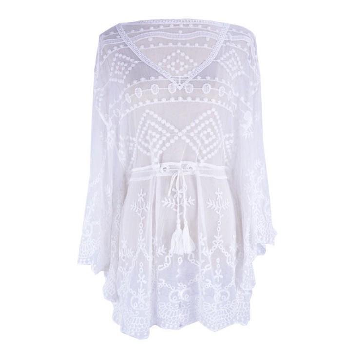 Lace Embroidery Drawstring Waist Beach Cover-up Shirt - Breathable Sun Protection