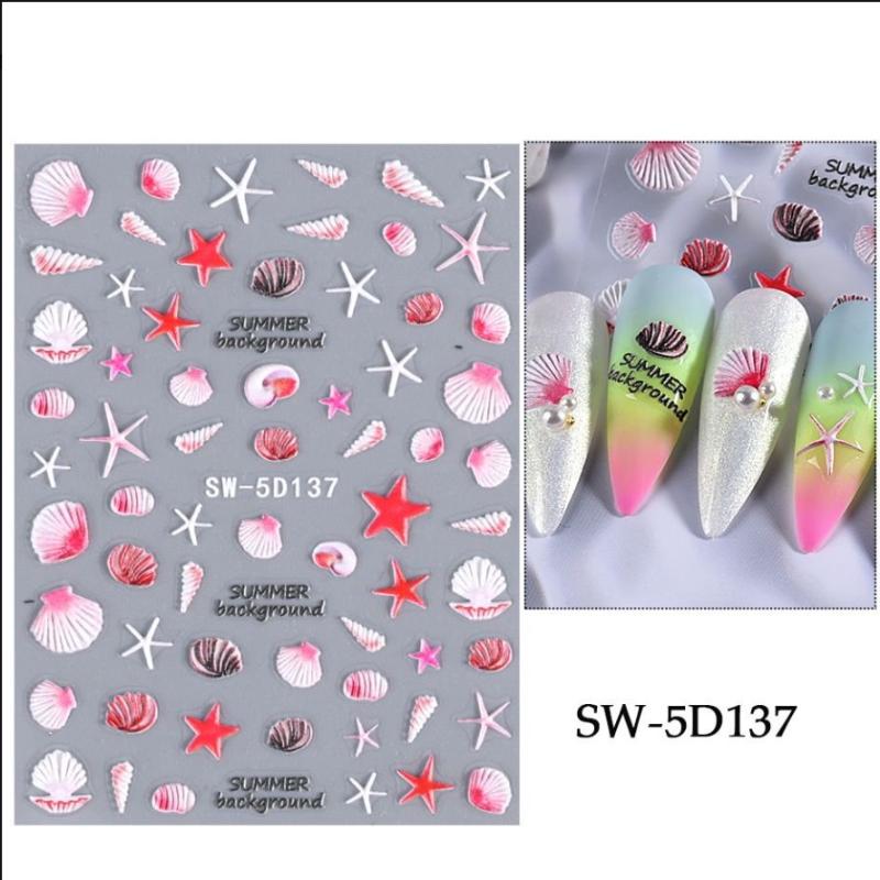 Jellyfish Summer Beach Nail Stickers Colorful Shell Starfish Conch Fish Adhesive Sliders Embossed Decals Manicure Foils Decor