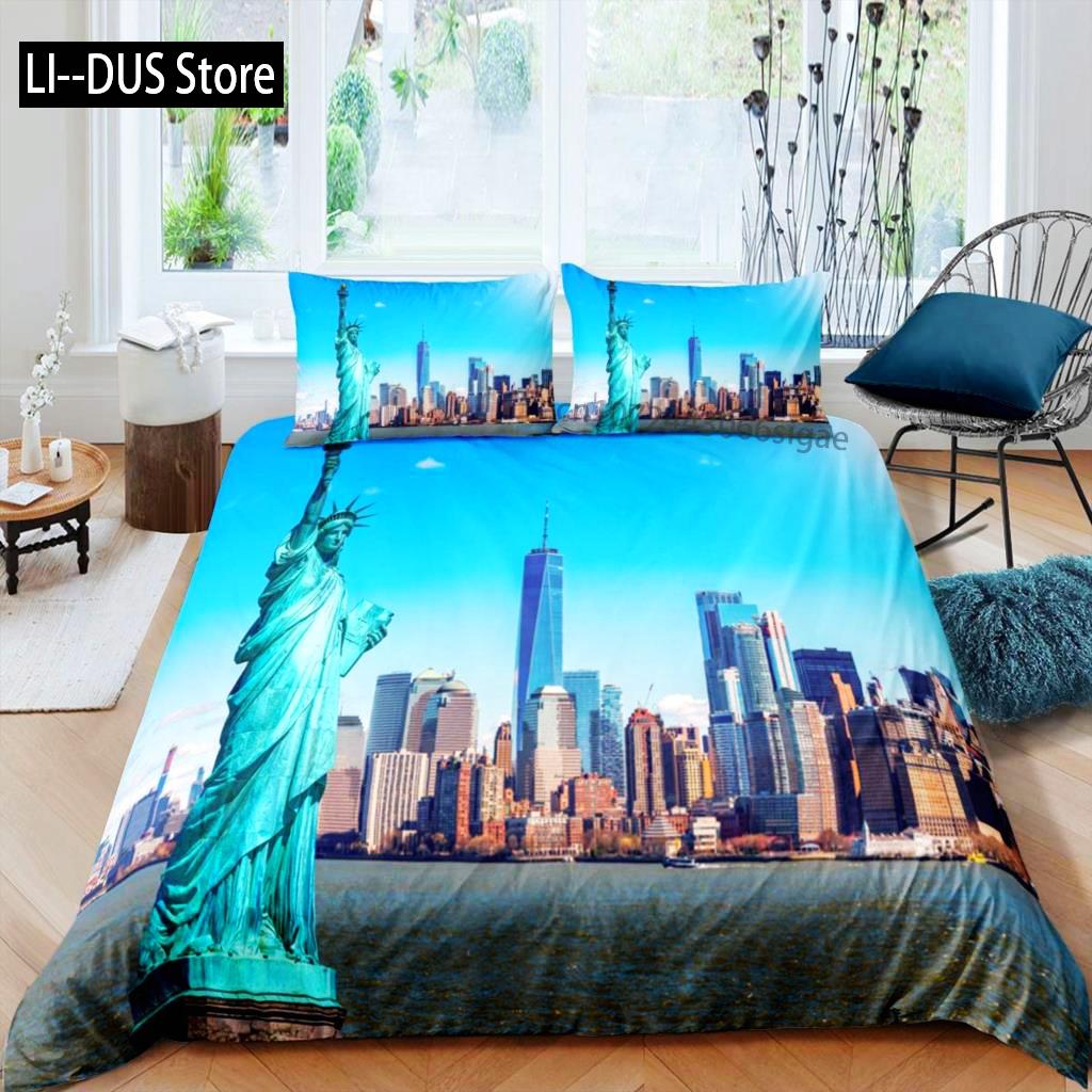 Freiheitsstatue Bettbezug-Set Weltberühmtes Gebäude Bettwäsche-Set für Jungen Mädchen Mikrofaser New York Wahrzeichen Bettdeckenbezug