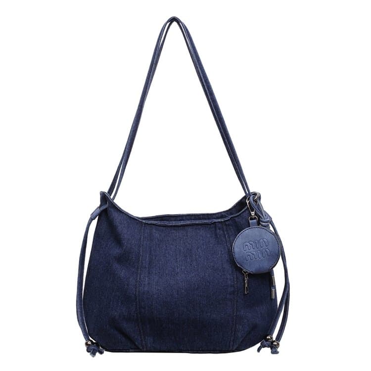 Vintage drawstring denim bucket bag women's shoulder messenger bag