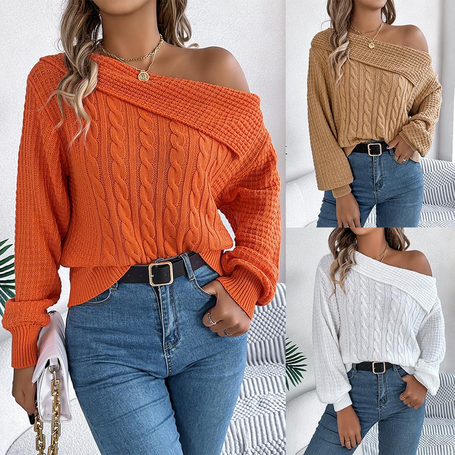 Autumn Winter Sexy Roll Neck Off-Shoulder Cable Knit Long Sleeve Pullover Sweater Women's Clothing
