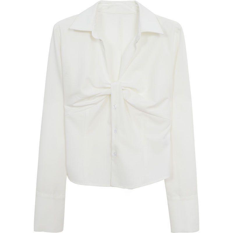 

Chic Slimming Women s Autumn French Pleated Long Sleeve Shirt with White Collar XS