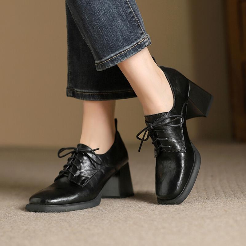 Fashion NEW Spring/Autumn Women Pumps Square Toe Chunky Heel Shoes Split Leather Shoes for Women Lace-up High Heel Handmade Female Shoes