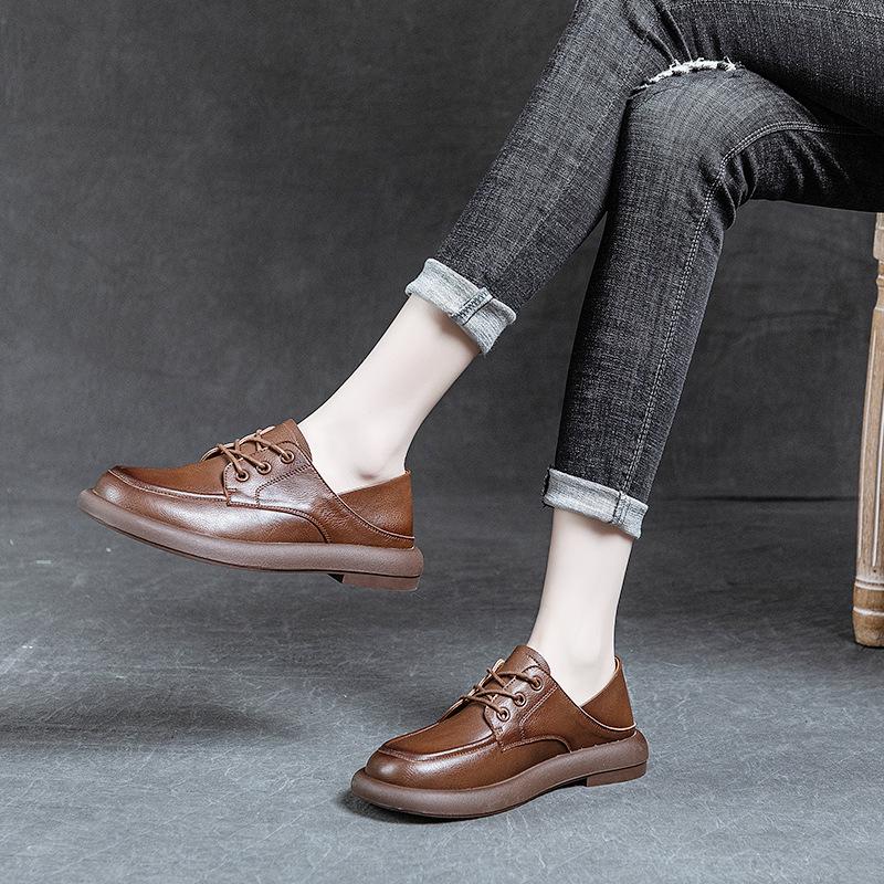 Spring 2025 new handmade retro original single shoes women's leather flat bottom round head comfortable casual versatile leather shoes