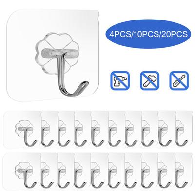 4/10/20PCS Bathroom Kitchen Wall Hanger Door Hook Adhesive Wall Hooks Transparent Anti-skid Traceless Heavy Duty Stick On Hook