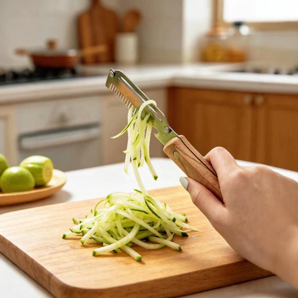 2-in-1 Kitchen Multifunctional Cutter: Scallion Slicer, Shredder, Peeler & Bottle Opener with Wooden Handle