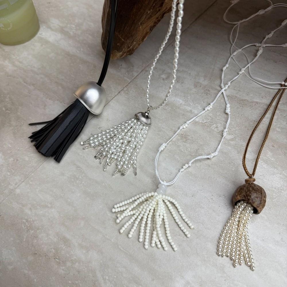 Fashion Pearl Tassel Long Necklaces Adjustable Korean Style Sweater Chain Leather Rope Women's Necklaces Women