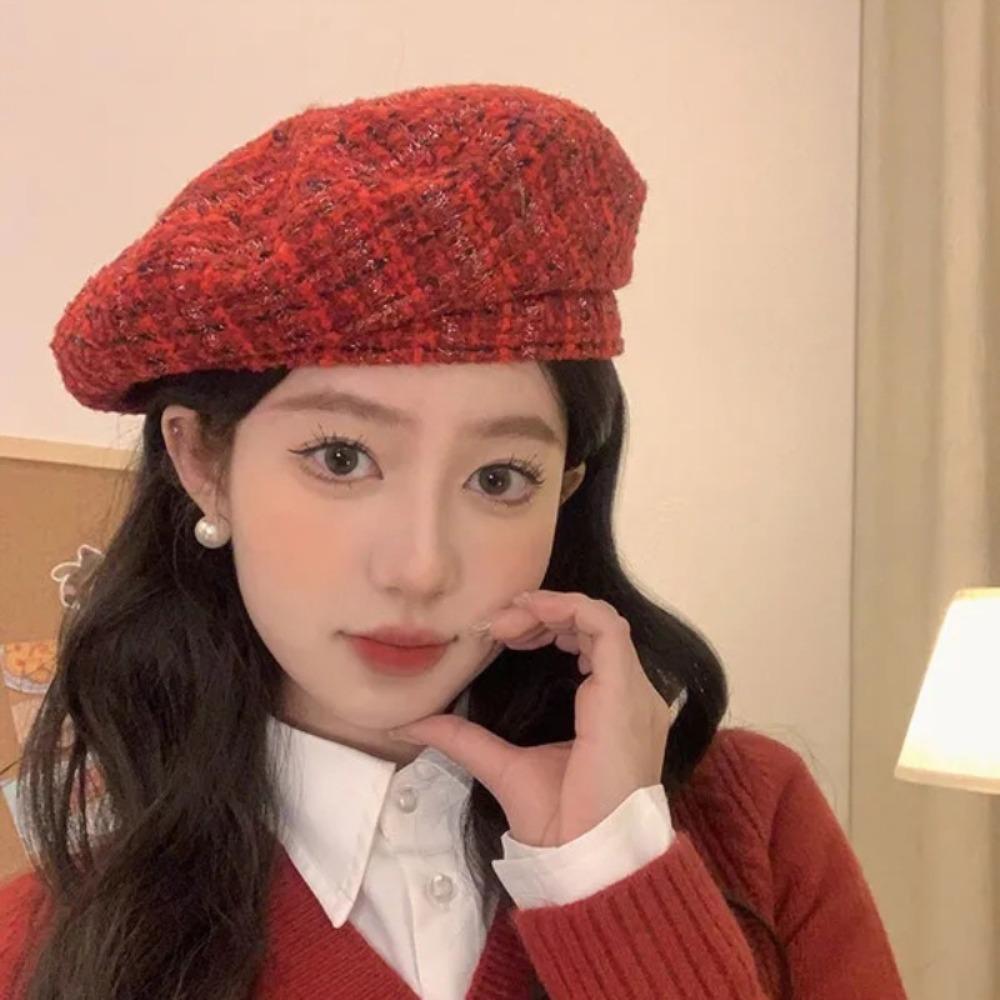 Cotton Christmas Plaid Soft Hat Red Women Artist Hat Casquette Tartans Berets Cap Work
