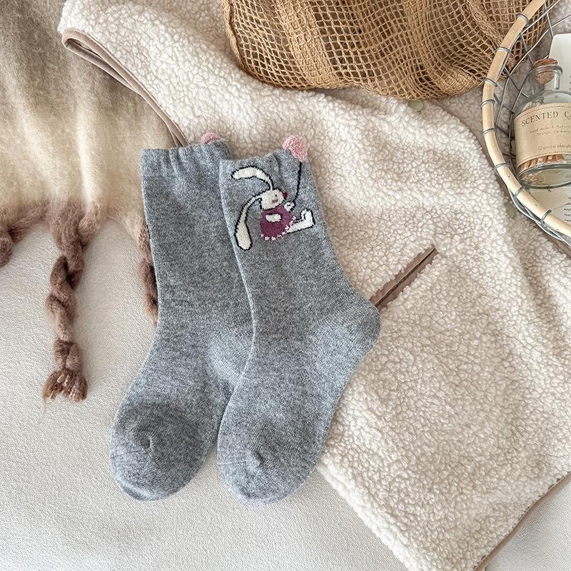 Design Wool Socks Cute Rabbit Contrast Color Coral Velvet Balloon In The Tube Women'S Socks To Keep Warm