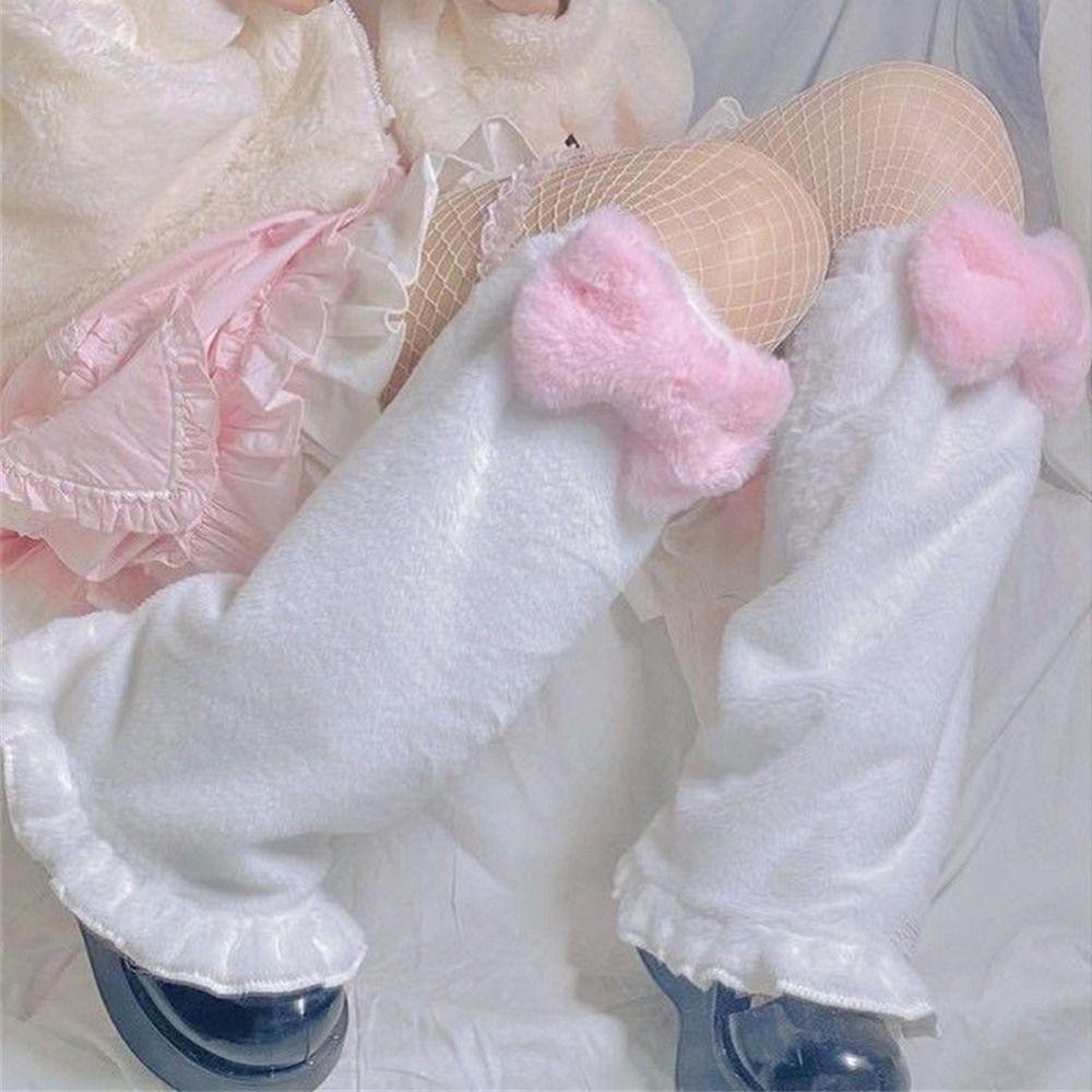 Plush Fur Leg Warmers Pink Bow Tie Leg Covers Kawaii Long Stockings  Japanese