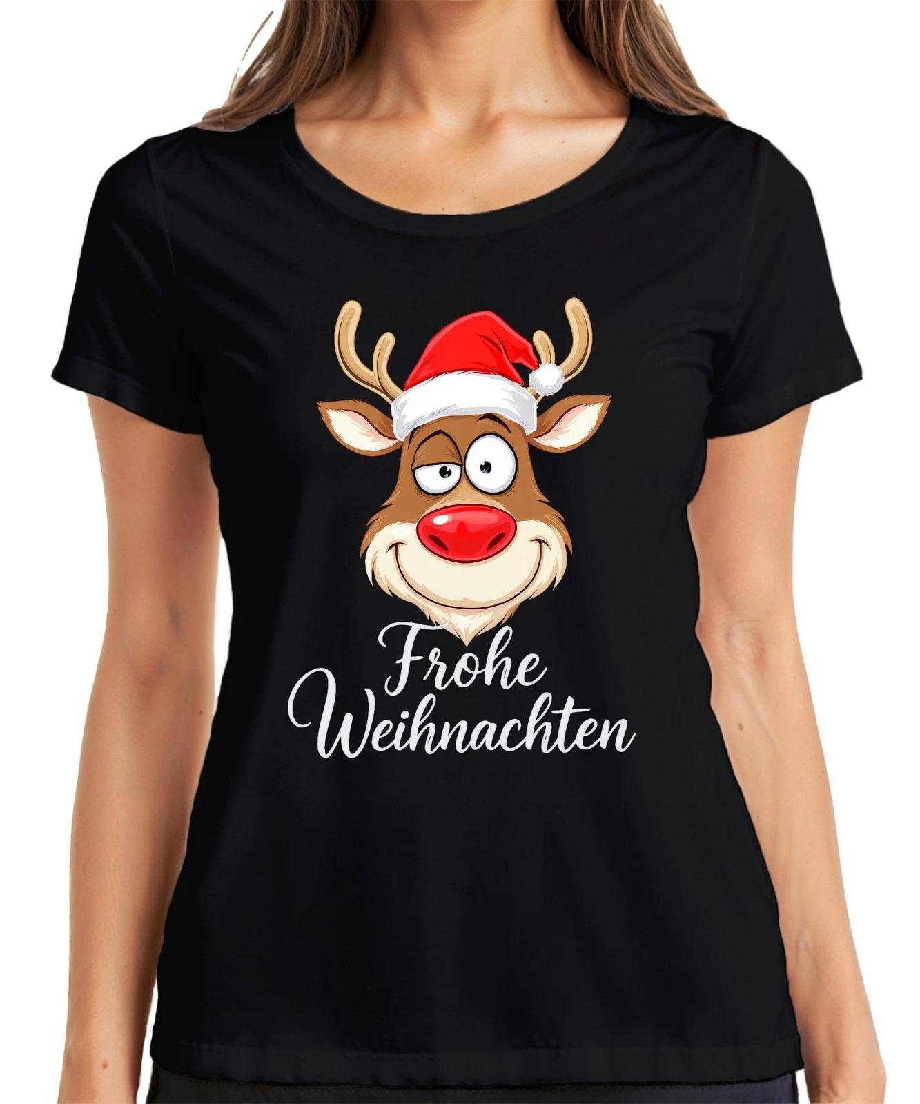 Frohe Weihnachten Rentier Rudolph Weihnachtsmütze Lustig Cartoon Damen T-Shirt XXL