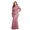 Plus Size Elegant Embroidered Mermaid Dress Round Neck Long Sleeve Lined Back Zipper