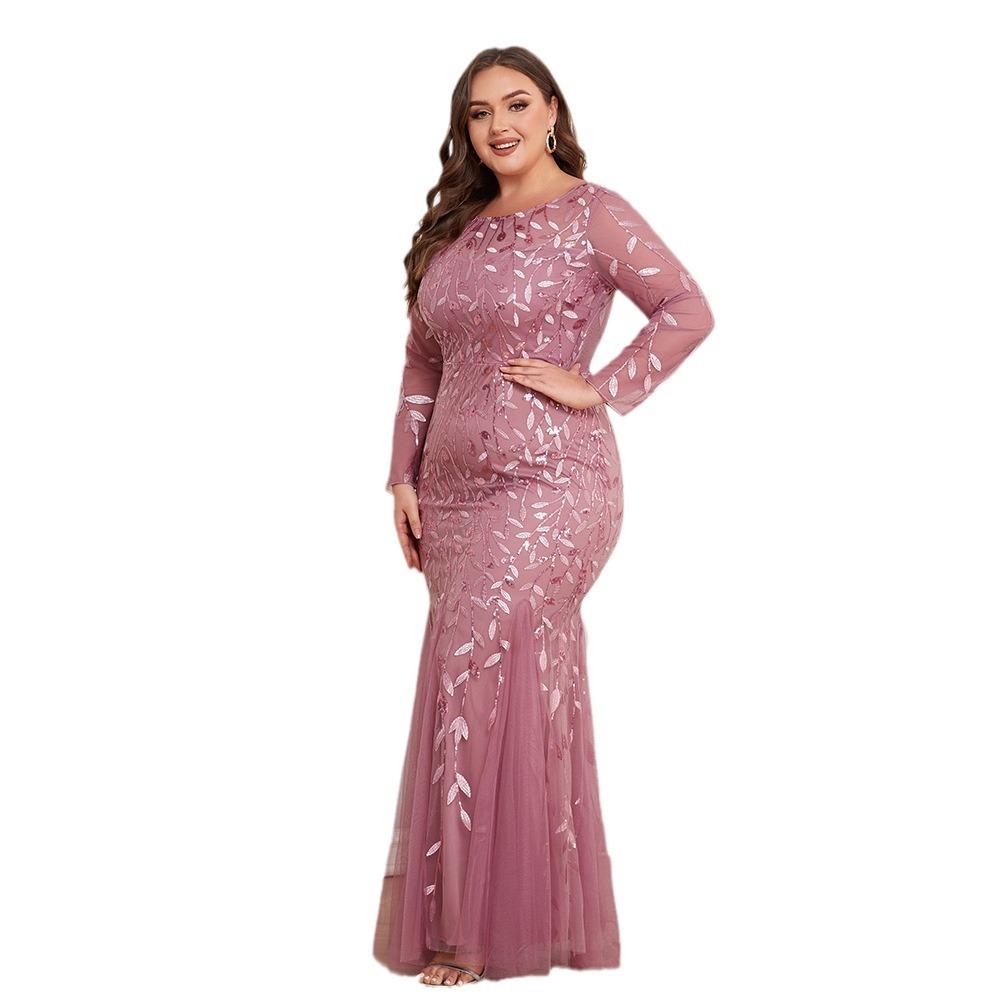 Plus Size Elegant Embroidered Mermaid Dress Round Neck Long Sleeve Lined Back Zipper