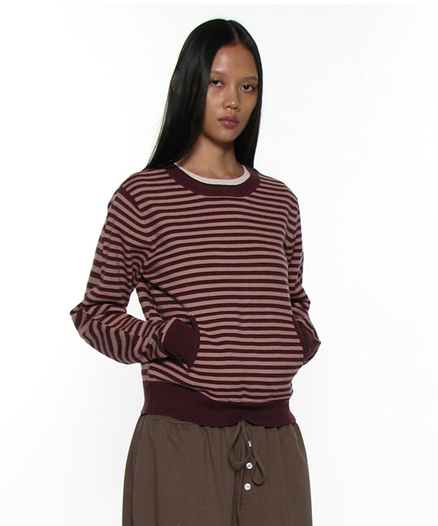 PARTIMENTO WOMEN Pwc Two-Way Pocket Knit Crew_Plum Stripe
