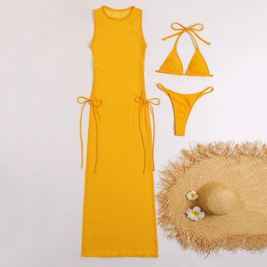 3 Pcs/Set Women Bikini Cover Up Set Three-point Lace Up Padded See-through Mesh Long Dress Swimming Sleeveless Sunscreen Beach Dress Bikini Set Water