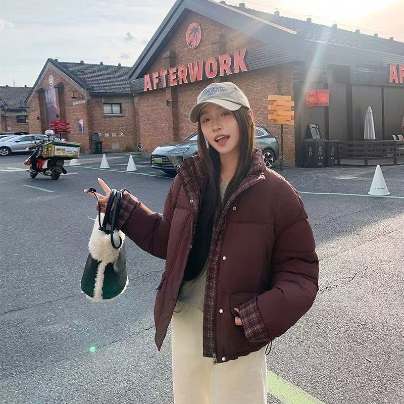 Women's Short Plaid Patchwork Winter Jacket