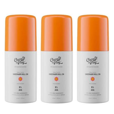 Chemist At Play UnderArm Roll-On Deodorant with 5% AHA, Lactic Acid & 1% Mandelic Acid | Prevents Body Odour| Peach Fragrance 40ml (Pack of 3)