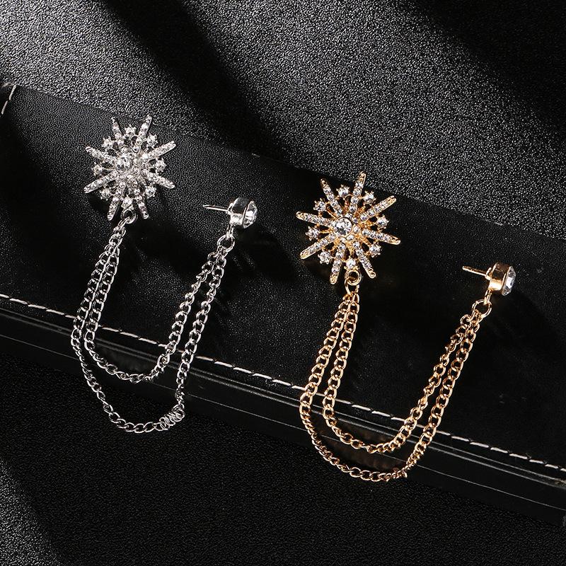 1Pc  High-end Rhinestone Star Brooch Crystal Tassel Chain Corsage Suit Coat Badge Lapel Pin for Men Women Clothing Accessories