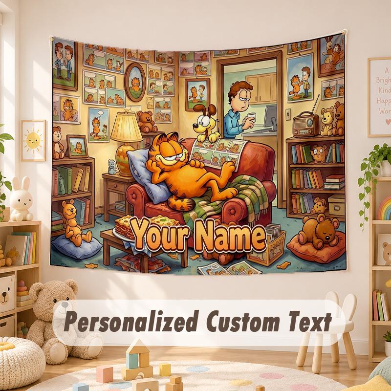 Custom Name Text Tapestry,Garfield Boho Wall Hanging, Decorative Backdrop Tapestry For Room