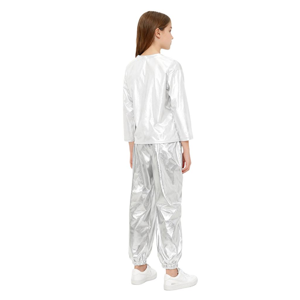 Kids Girls Dance Performance Outfit 2-Piece Set: Metallic Shiny Long Sleeve T-shirt & Matching Shiny Pants for Stage & Party