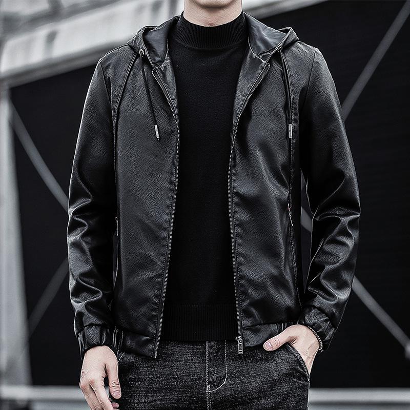 Pánská kožená bunda Pu kožená bunda Pánská s kapucí Slim Fit Korejský styl Motocyklová ležérní bunda