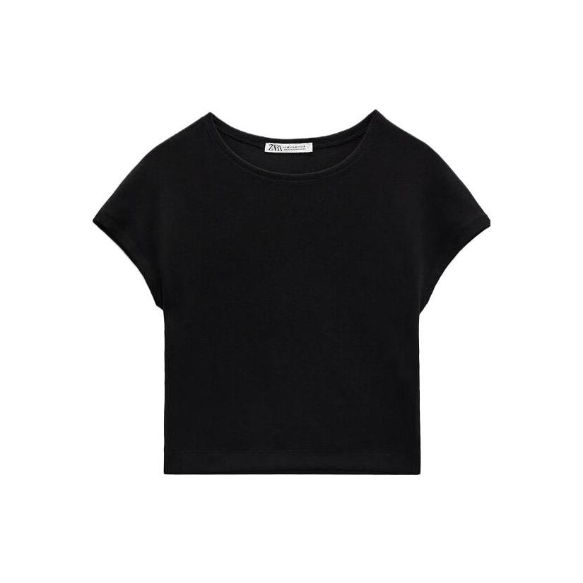 

Zara Solid Color Round Neck Short Sleeve T-Shirt Women Tops Black 03641312800-34 L