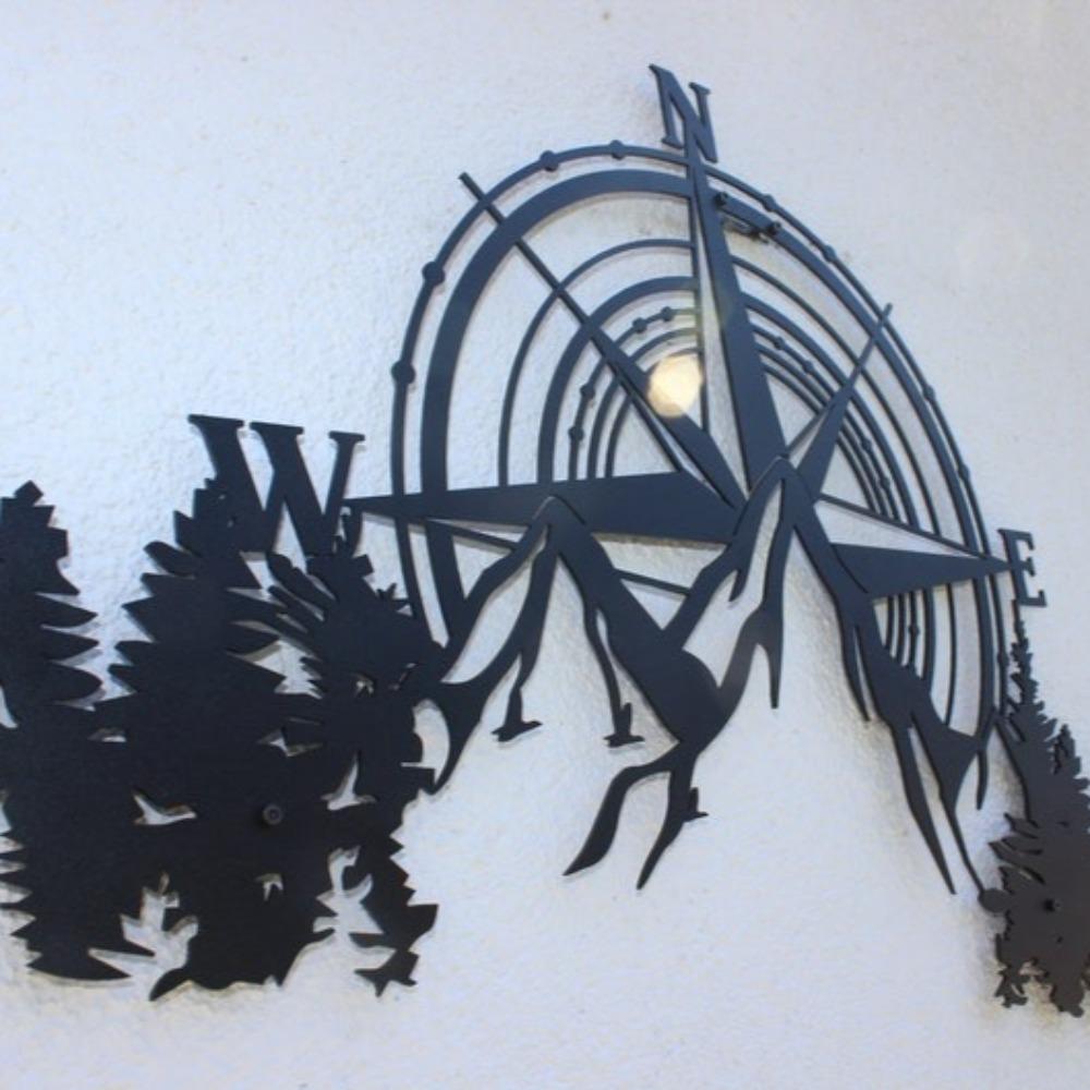Metal Compass Wall Art, Mountain Scene, Farmhouse Decor, Rustic Compass Metal Sign, Outdoor Garden Ornament
