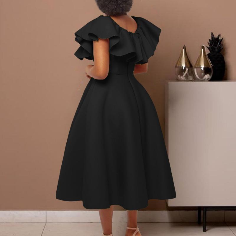 Women Elegant Ruffled High Waist A Line Midi Evening Party Dress