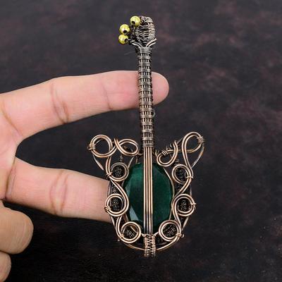Fasetli Zambiya Zümrüdü Kolye Bakır Tel Sarılı Kolye Değerli Taş Bakır Takı El Yapımı Boho Tarzı Kolye Onun İçin Hediye Gitar Kolye