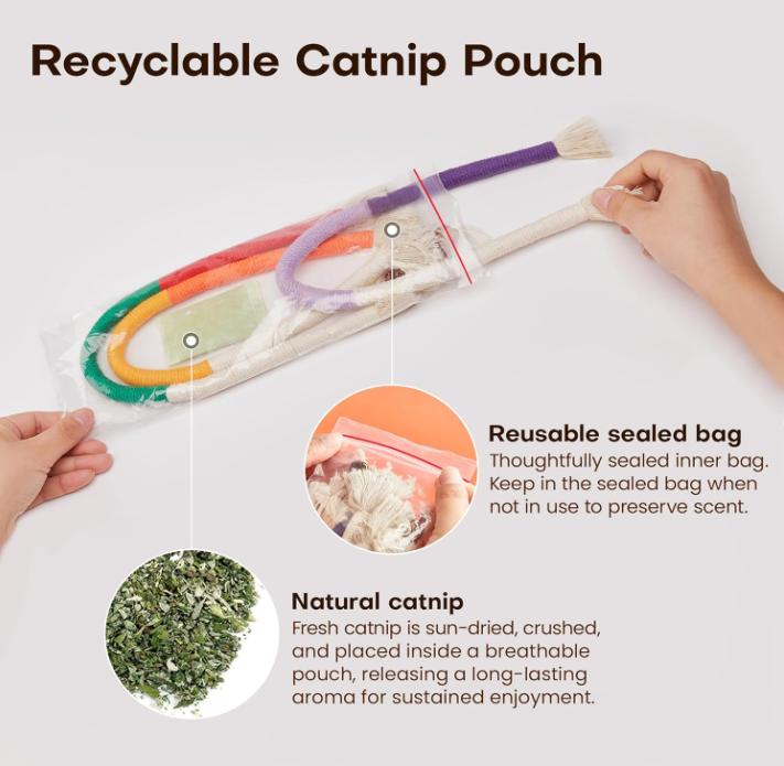 Cat Toys Chew Ropes Pet Toys Refillable Natural Catnip, Safe Teeth Cleaning Toy for Indoor Kittens, Interactive Cat Nip Kitty Toys