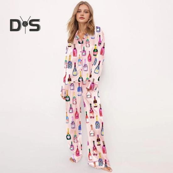 Dámské pyžamo s dlouhým rukávem a knoflíky na láhev šampaňského, košile a kalhoty na spaní, ležérní sada s potiskem sklenic na víno, 2dílná sada domácího oblečení