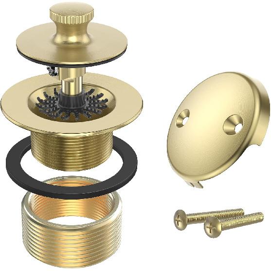 Brushed Gold Bathtub Drain Bath Tub Trim Set Conversion Kit Assembly, All Brass Lift and Turn Twist Tub Drains Replacement Trim Kit with Two-Hole