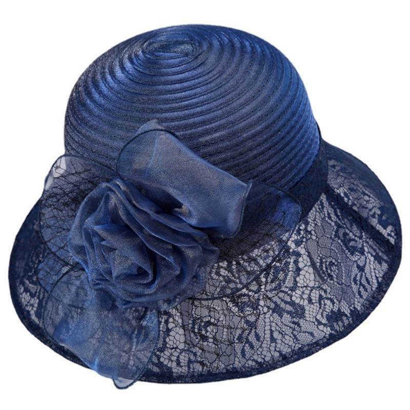 

Дышащая вязаная панама для леди, шляпа-ведро с широкими полями для чаепития, украшенная цветочными аппликациями, летняя для кемпинга, весенняя от солнца One Size темно-синий