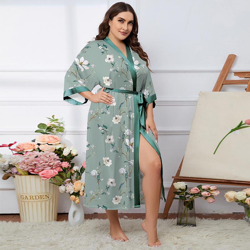 Übergröße Satin Sommer Pyjama & Bademantel Set für Damen - Leichter Luxus Eisseide