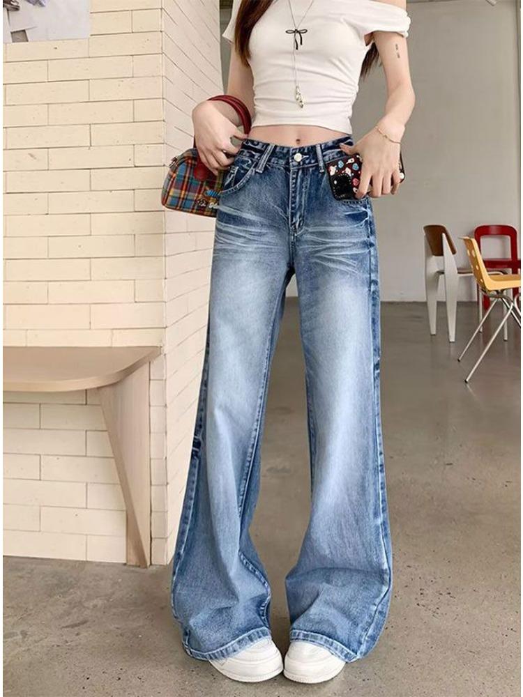 Vintage Washed Micro Flare Jeans Women High Waist Loose Thin Hundred Yards Straight Wide Leg Trailing Long Trousers Jeans for Women Long Denim Pants