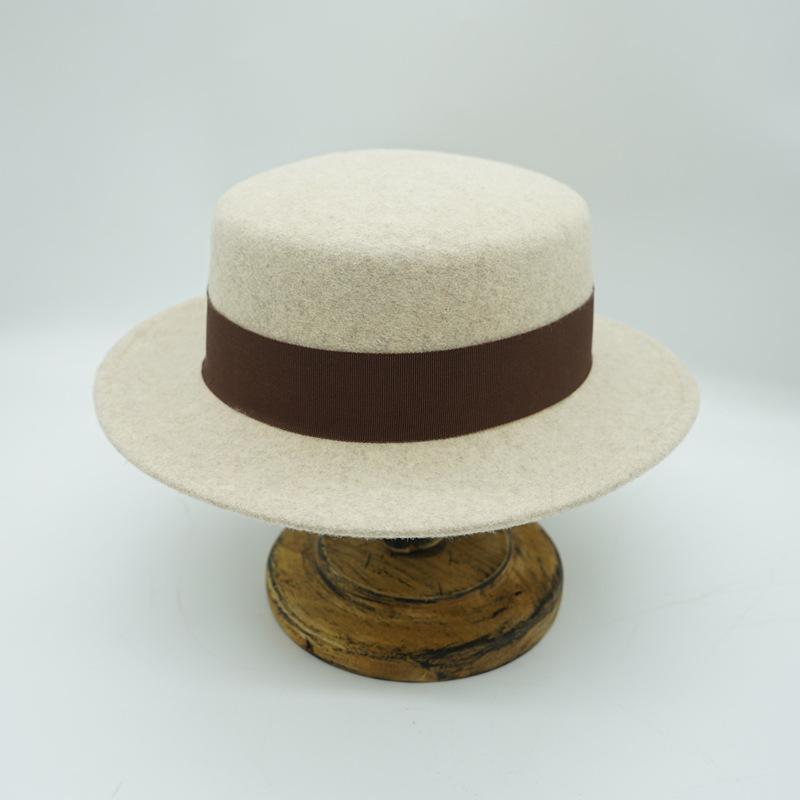 Beige Elegant Retro French Wool Flat Top Top Top Hat Women'S Autumn And Winter Japanese Korean Felt Wide Eaves British Flat Eaves
