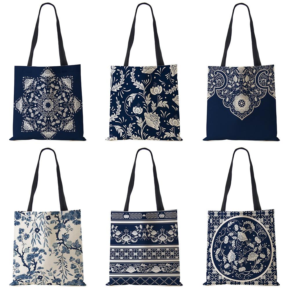 Elegant Lady Girls Handbag Floral Porcelain Geometry Abstract Pattern Shoulder Bag Casual Teenager Book Tote for Shopping Casually