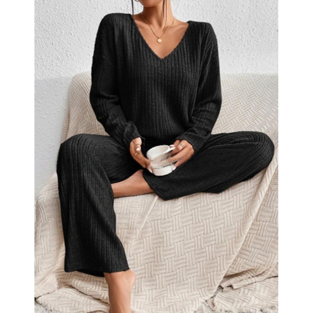 Women's Set of Loose Casual Long-sleeved V-neck Pit Striped Brushed Top and Trousers 2-piece Set