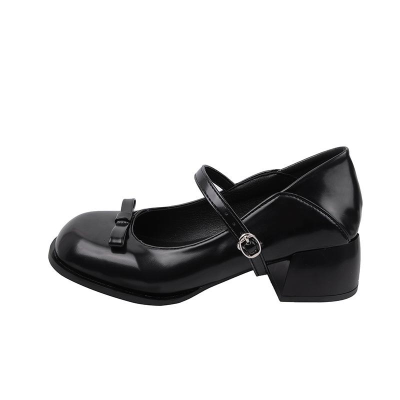 Nouvelles chaussures simples à talons hauts pour femmes jk été et automne talon épais bouche légère printemps 2025 nœud Mary Jane petites chaussures en cuir bout rond
