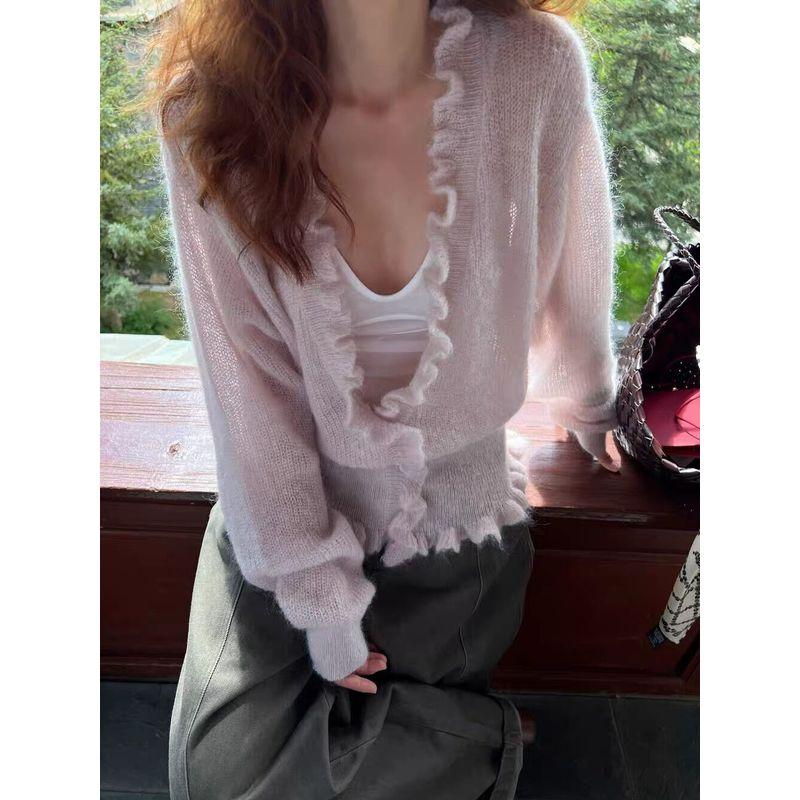 

2025 Autumn/Winter Korean Style V-Neck Sweater Cardigan for Women, Loose and Lazy Style with Ruffled Hem, Waist-Cinching Slimming Knitwear Light Purple One size fits all