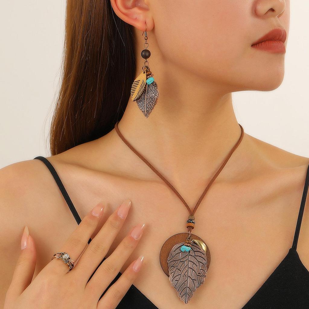 Bohemian Leaf Earrings & Necklace Set - Ethnic Long Sweater Chain Jewelry for Women