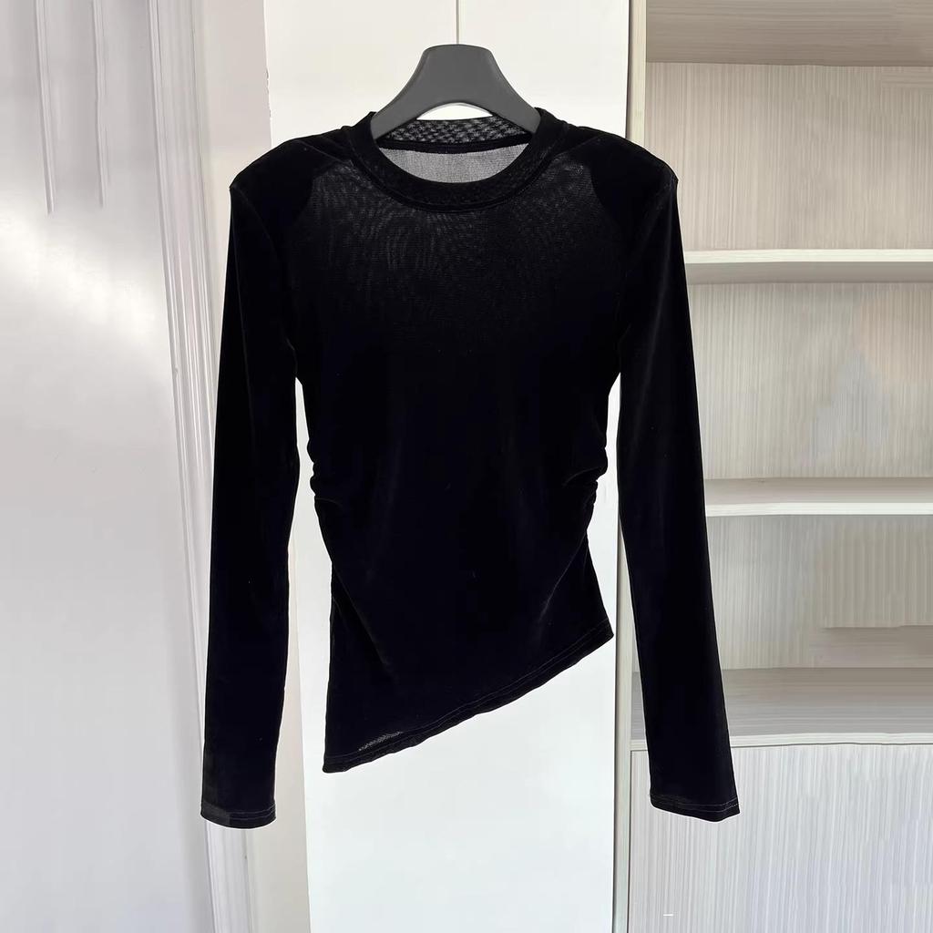 Damen Luxe Samt Langarm-T-Shirt – 2026 Rundhals Schmale Passform für den frühen Frühling/Herbst