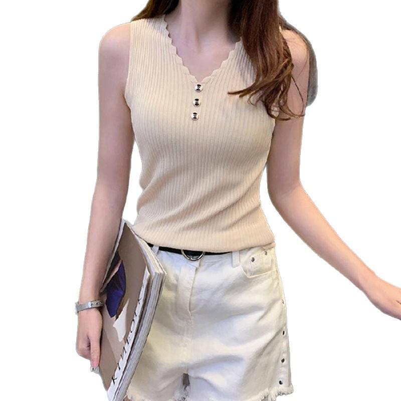 Women's Ice Silk V-Neck Knitted Camisole: Korean Style Sleeveless Outer & Inner Wear for Summer