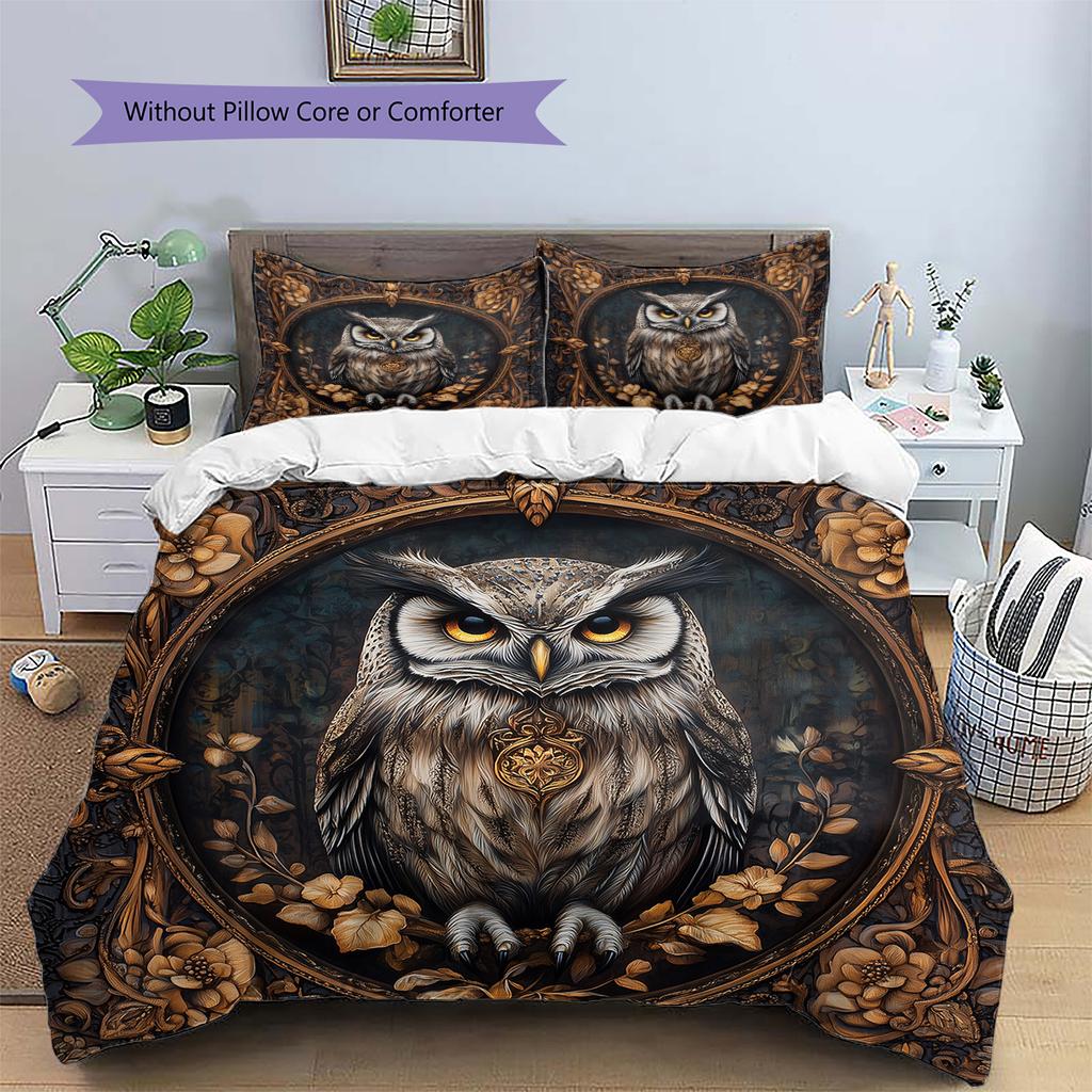 Retro Patterned Owl  Pattern Bedding Quilt Set Quilt Cover Pillowcase Home Decoration  Gift (1 * Duvet Cover + 2 * Pillowcase, Without Core)