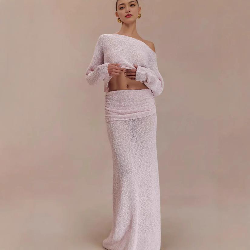 European and American knitted long-sleeved one-word neck top, pleated half-length dress, solid color fashion suit, two-piece set for women