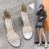 French Transparent One-word Pearl Sandals Summer Versatile Comfortable Rear Zipper High Heels Women