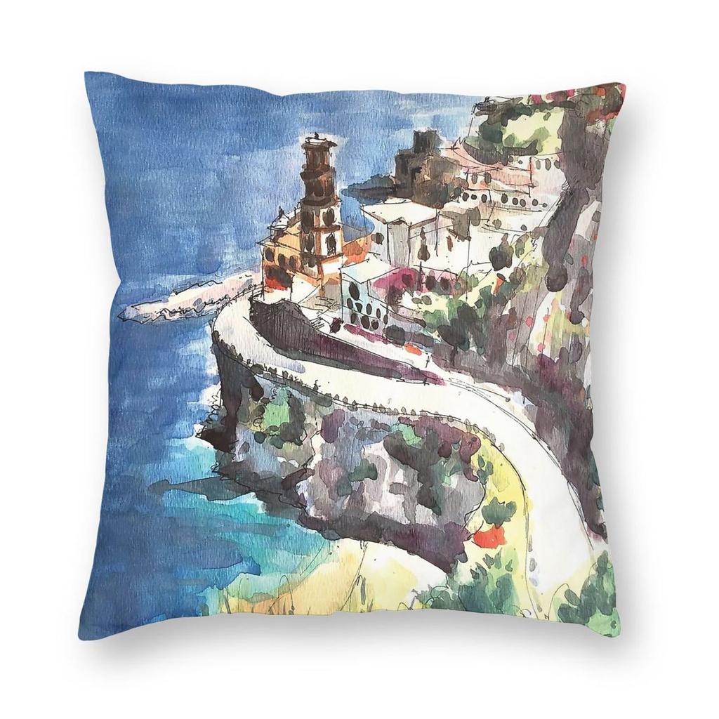 Amalfi Coast Positano Italy Square Pillowcase Polyester Linen Velvet Printed Zip Decor Bed Cushion Case