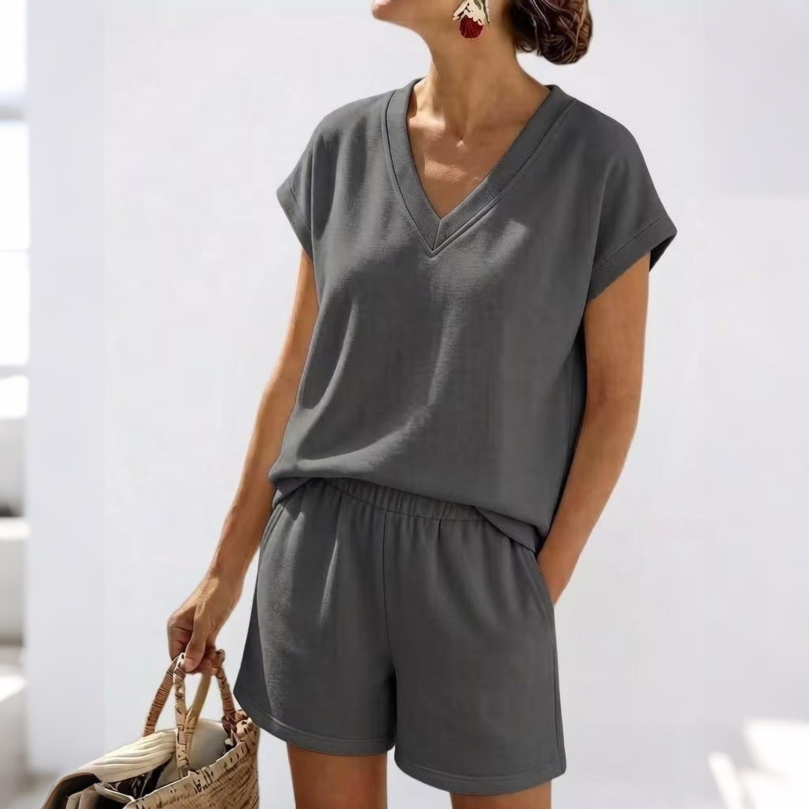 Women’s Loose Fit Short Sleeve Top and Shorts Set V Neck Relaxed Loungewear Two Piece Outfit for Daily Wear XL