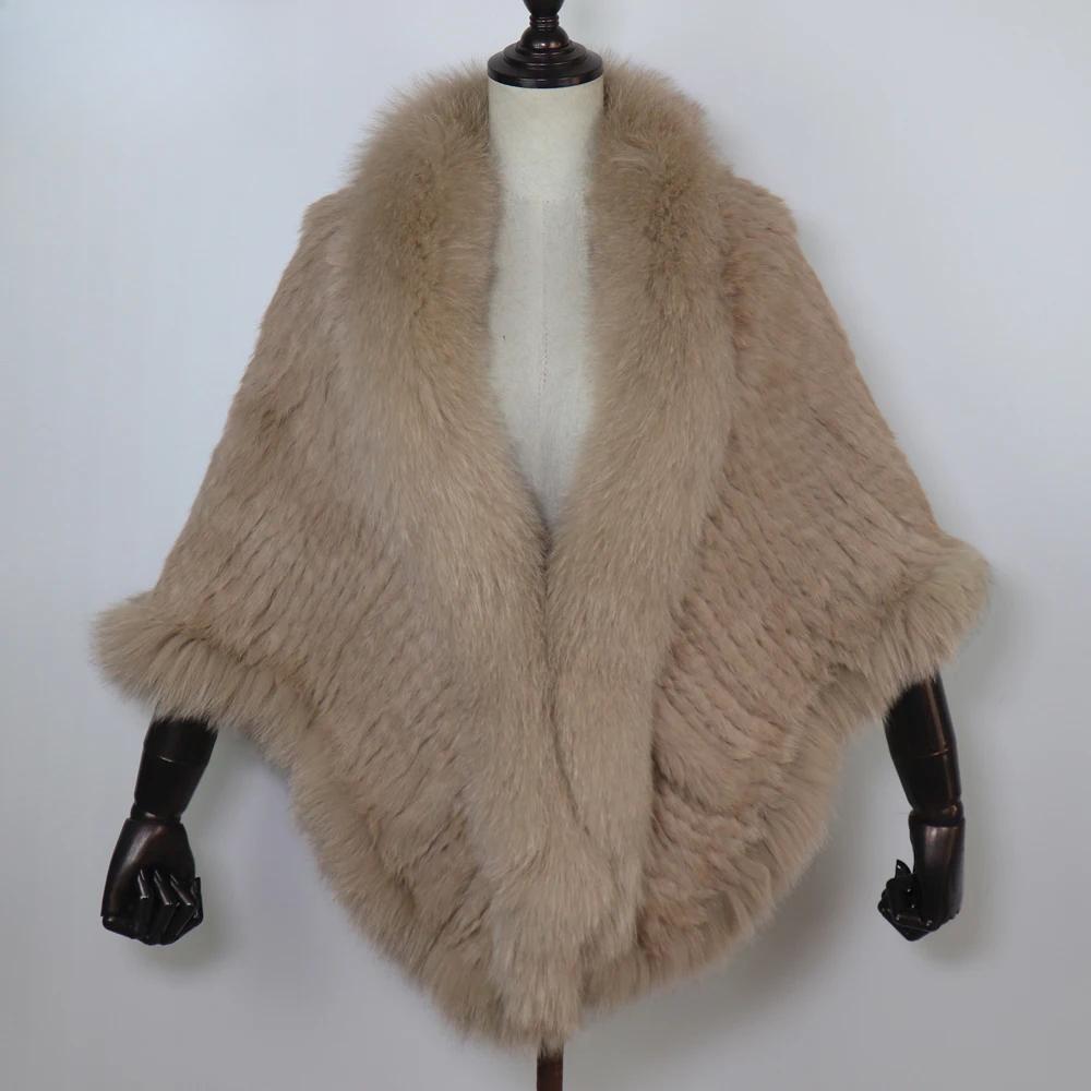 Women Real Rabbit Fur Shawl Scarf With Fox Fur Collar Winter Warm Knitted Rabbit Fur Poncho Girls Party Fashion Accessories