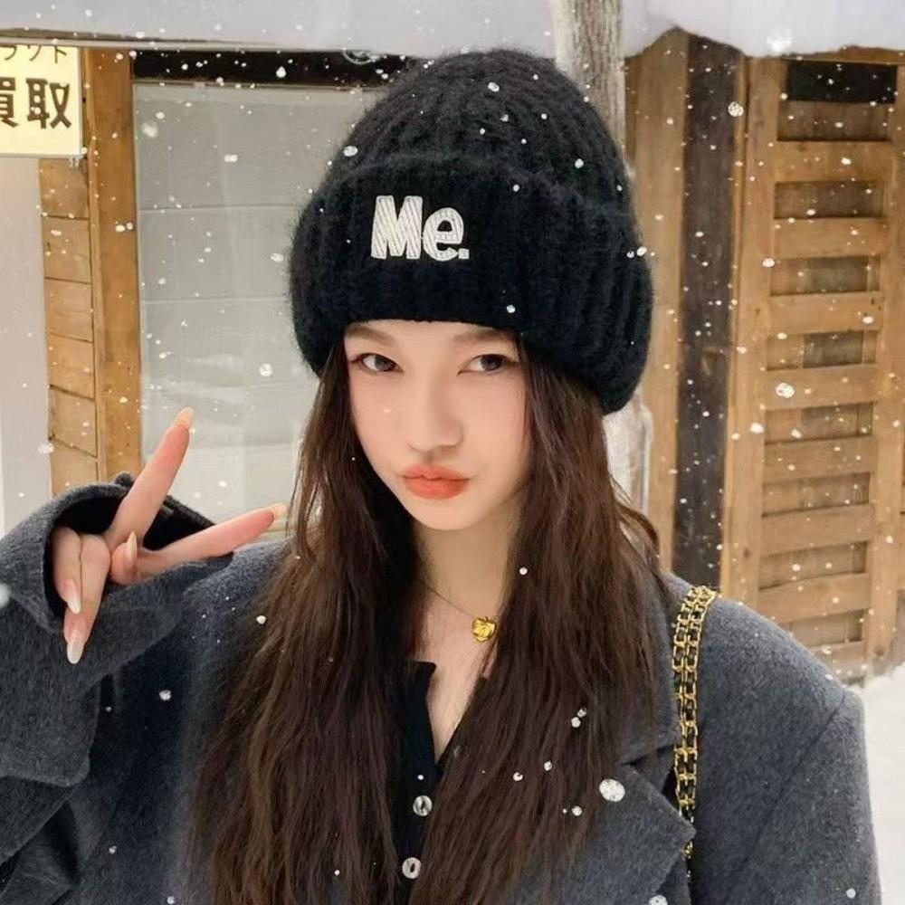 Embroidered Letters Winter Beanie Hat Solid Color Warm Hat Stylish Pullover Hat  For Women